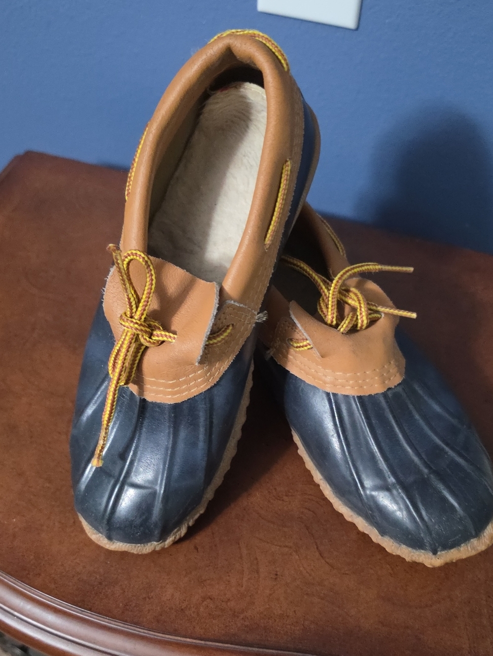 Women's Two-Tone Navy and Tan Waterproof Lace-Up Duck Boots